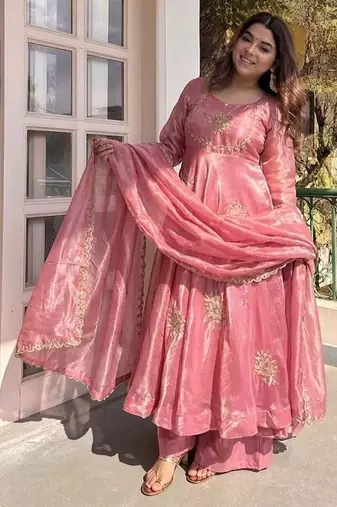 New womens trending  flared anarkali suit with gold floral embroidery gown set