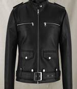 Women's  black  lambskin leather jacket- multiple zipper & café racer waist beltjacket  style