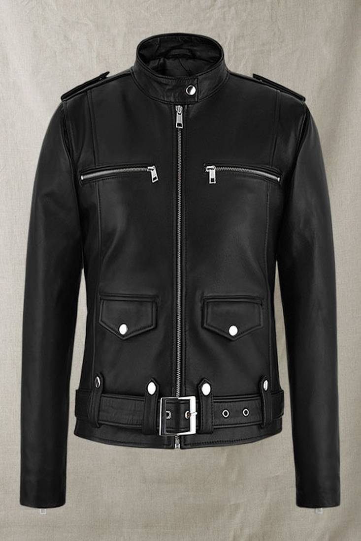 Women's  black  lambskin leather jacket- multiple zipper & café racer waist beltjacket  style