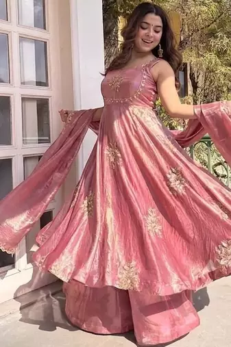 New womens trending flared anarkali suit with gold floral embroidery gown set
