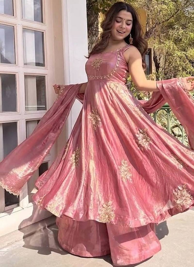 New womens trending  flared anarkali suit with gold floral embroidery gown set