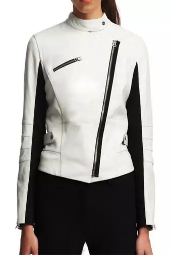 women's white premium lambskin leather jacket adjustable belted waist