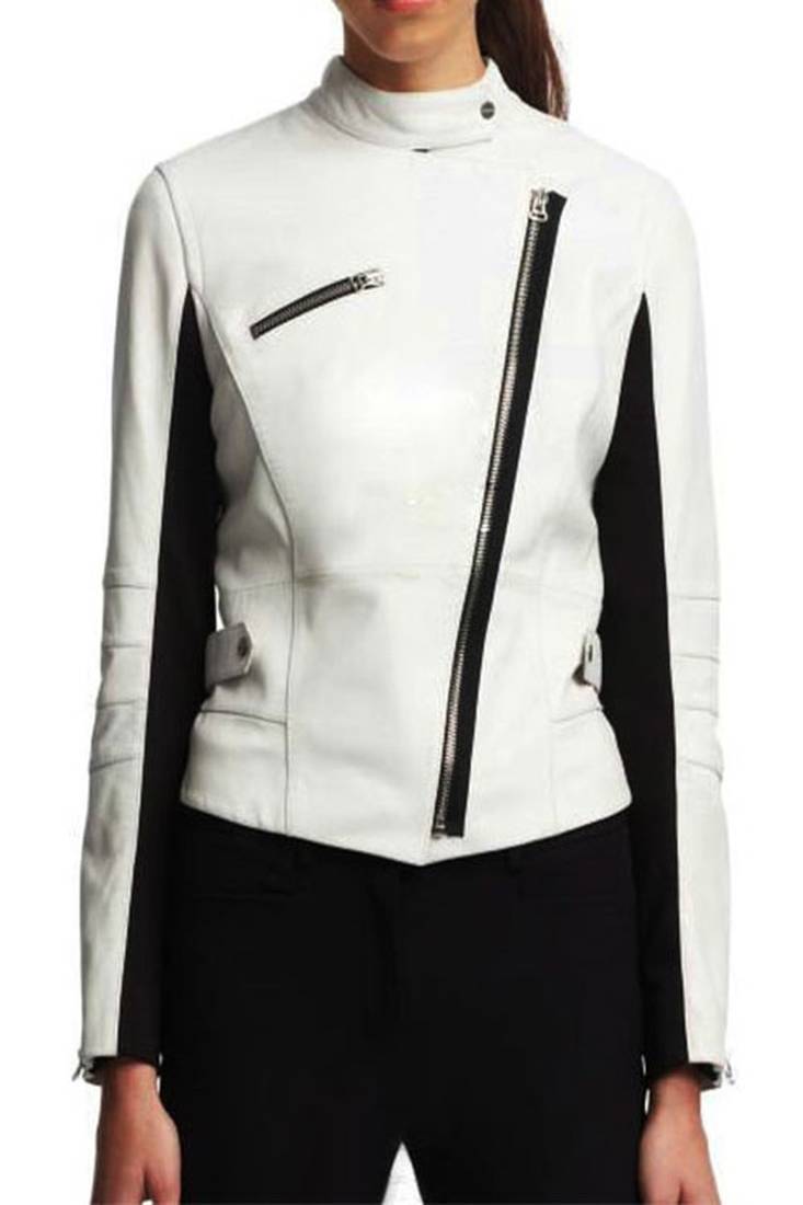 Women's  white  lambskin leather jacket- zipper & waist belt jacket  style