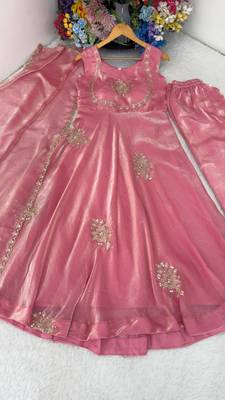 New womens trending flared anarkali suit with gold floral embroidery gown set 4