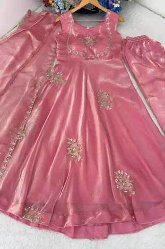 New womens trending flared anarkali suit with gold floral embroidery gown set