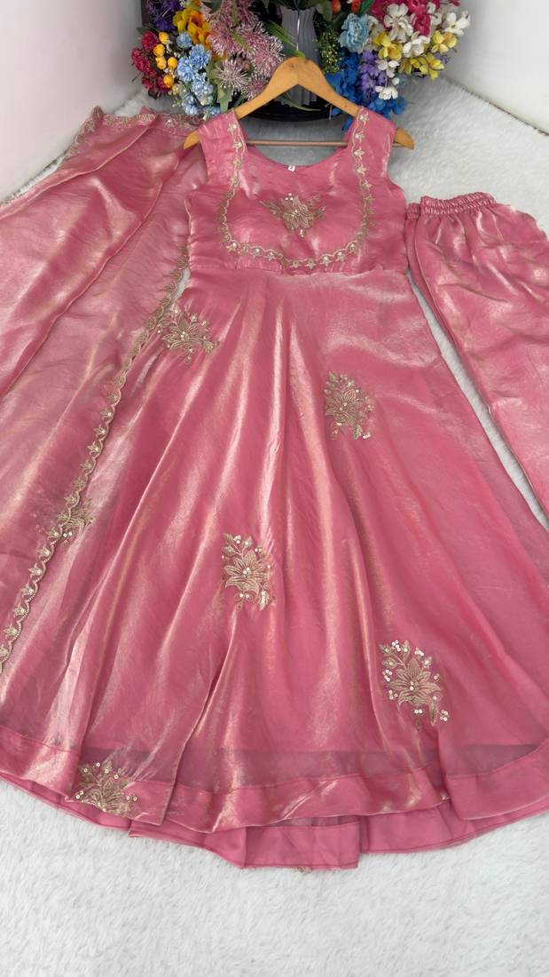 New womens trending  flared anarkali suit with gold floral embroidery gown set