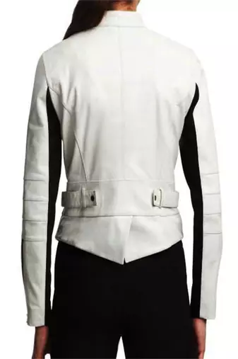 women's white premium lambskin leather jacket adjustable belted waist