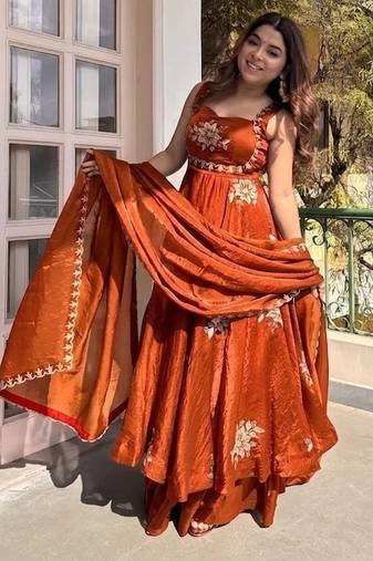 New womens trending  flared anarkali suit with gold floral embroidery gown set