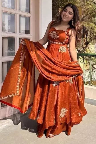 New womens trending  flared anarkali suit with gold floral embroidery gown set