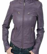 Women's purple  lambskin leather jacket- zipper & neck belt  style