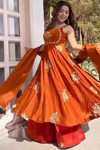 New womens trending flared anarkali suit with gold floral embroidery gown set