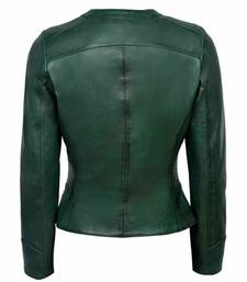 Women olive green genuine leather jacket- straight zipper style