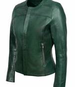 Women olive green genuine leather jacket- straight zipper style