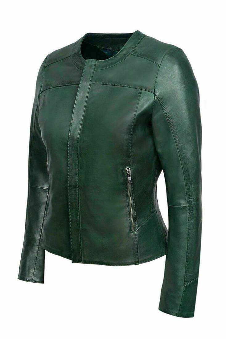 Women olive green genuine leather jacket- straight zipper style
