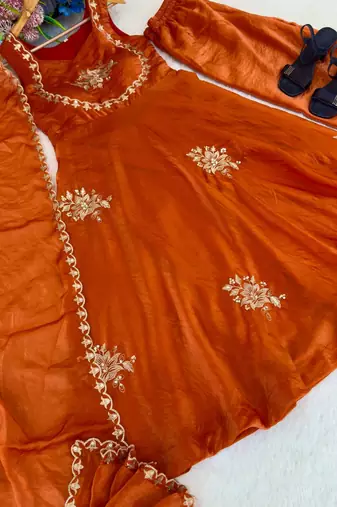 New womens trending flared anarkali suit with gold floral embroidery gown set
