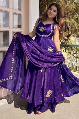 New womens trending  flared anarkali suit with gold floral embroidery gown set