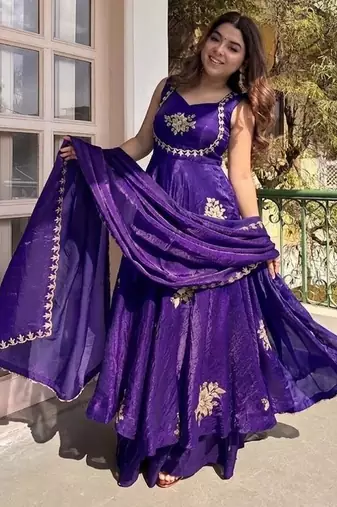 New womens trending  flared anarkali suit with gold floral embroidery gown set