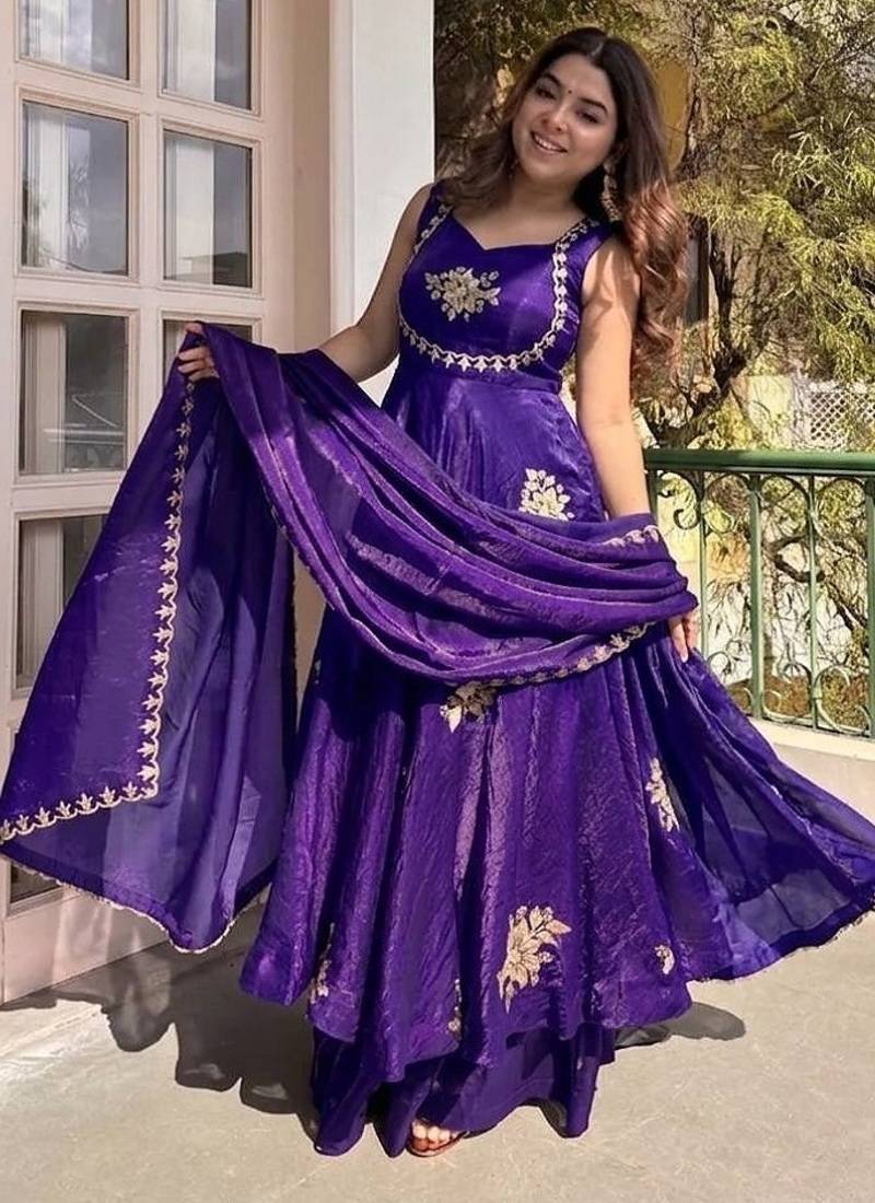 New womens trending  flared anarkali suit with gold floral embroidery gown set