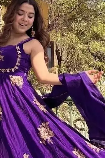 New womens trending flared anarkali suit with gold floral embroidery gown set