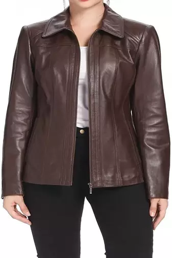 women's brown lambskin leather jacket classic zip up style authentic