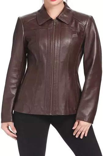 women's brown lambskin leather jacket classic zip up style authentic