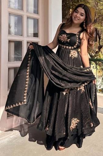 New womens trending  flared anarkali suit with gold floral embroidery gown set