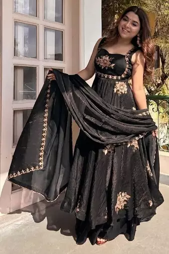 New womens trending  flared anarkali suit with gold floral embroidery gown set