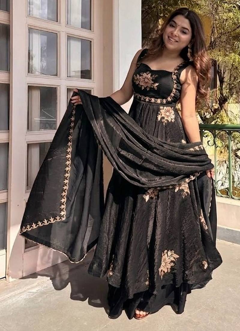 New womens trending  flared anarkali suit with gold floral embroidery gown set