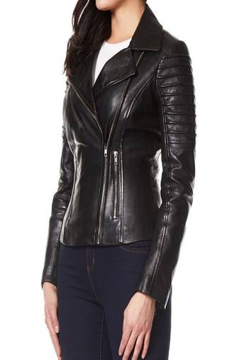 Women's  black  lambskin leather jacket-cross zipper & quilted shoulder style