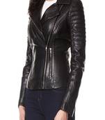 Women's  black  lambskin leather jacket-cross zipper & quilted shoulder style