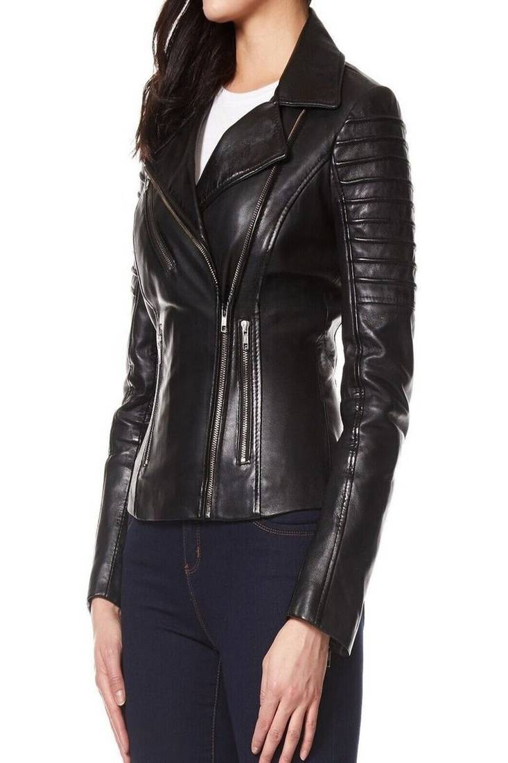 Women's  black  lambskin leather jacket-cross zipper & quilted shoulder style