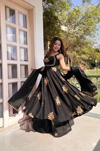 New womens trending flared anarkali suit with gold floral embroidery gown set
