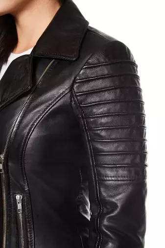 women's black premium lambskin leather jacket quilted shoulder detailing