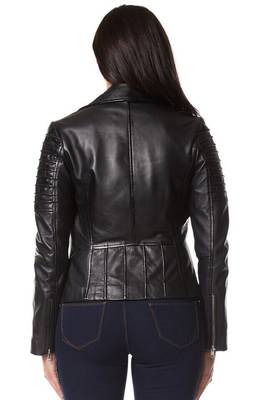 women's black premium lambskin leather jacket quilted shoulder detailing 3