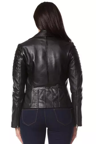 women's black premium lambskin leather jacket quilted shoulder detailing