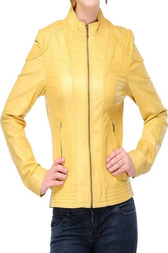 women's yellow lambskin leather jacket classic zip front style premium