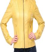 Women’s yellow  color lambskin leather jacket front zipper style