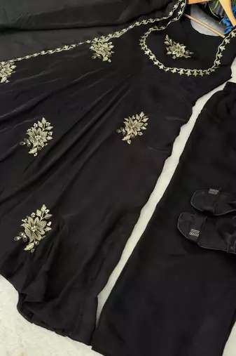 New womens trending flared anarkali suit with gold floral embroidery gown set