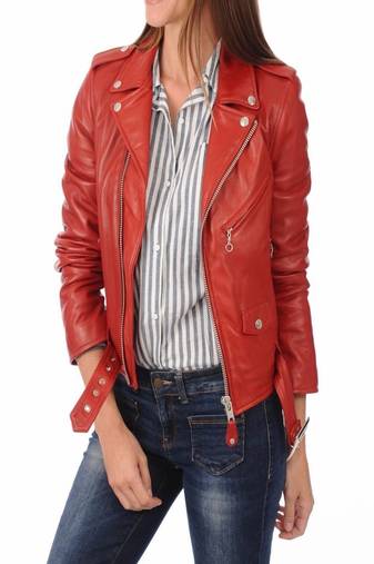 women's red premium lambskin leather jacket asymmetrical zip closure