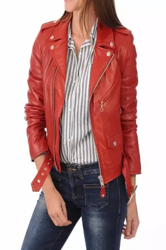 women's red premium lambskin leather jacket asymmetrical zip closure