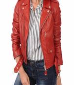 Women's  red  lambskin leather jacket-asymmetric zipper & waist belt  style