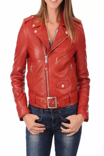 women's red premium lambskin leather jacket asymmetrical zip closure