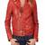 Women's  red  lambskin leather jacket-asymmetric zipper & waist belt  style