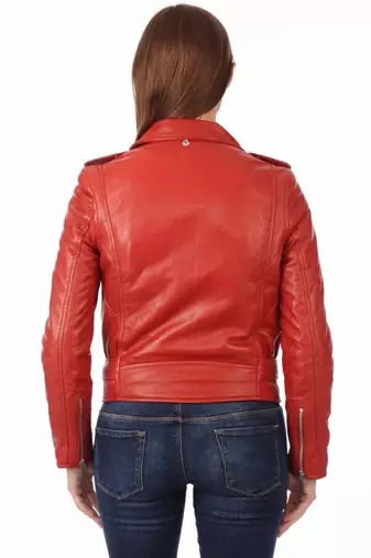 women's red premium lambskin leather jacket asymmetrical zip closure