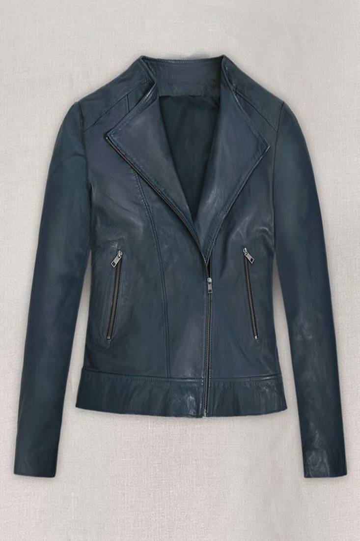 Women's  navy blue lambskin leather jacket-zipper 2 pocket style