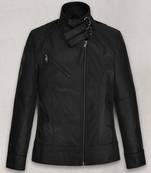Women's  black lambskin leather jacket-zipper &  café racer style