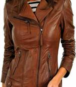 Women's  brown  lambskin leather jacket-asymmetric zipper  style