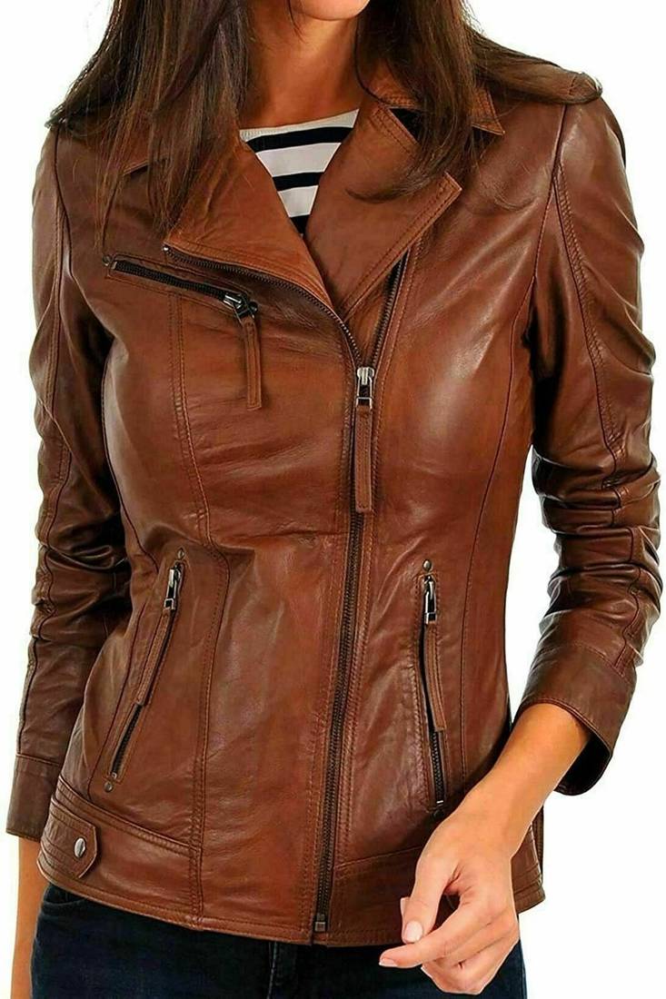 Women's  brown  lambskin leather jacket-asymmetric zipper  style