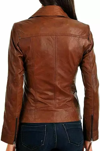 women's brown premium lambskin leather jacket asymmetrical zip closure