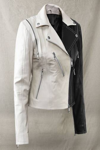 Women's  black & white  lambskin leather jacket-asymmetric zipper  style